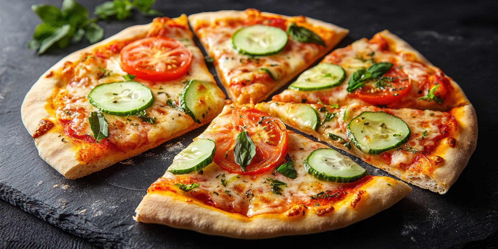 Deliciously prepared pizza topped with fresh vegetables served on a dark stone surface